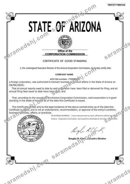 USA Arizona certificate of good standing Word and PDF template, version 2